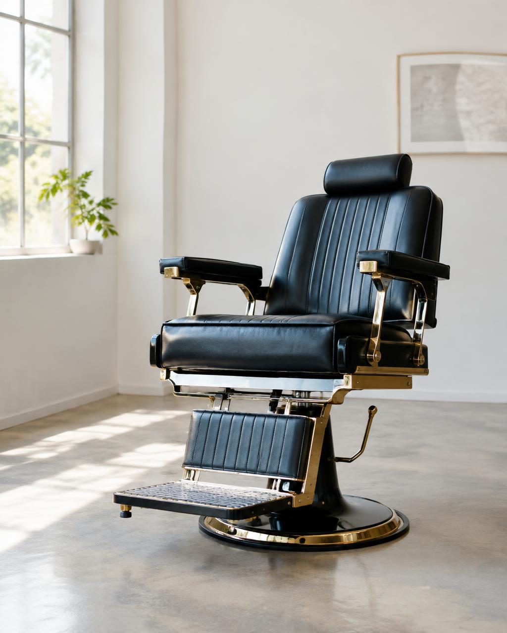 Black leather barber chair in a bright studio